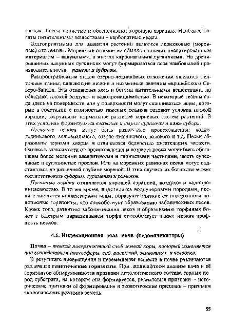 Песчаные осадки могут быть различного происхождения: водноледникового, аллювиального, озерно-ледникового, эолового и т.д. Пески образованы зернами кварца и отличаются бедностью питательных веществ. Однако в зависимости от происхождения и возраста пески могут быть обогащены более мелкими алевритовыми и глинистыми частицами, иметь супесчаные и суглинистые прослои. Или на моренных равнинах пески могут подстилаться на различной глубине мореной. В этих случаях их богатство может соответствовать суборям, сураменям и раменям.