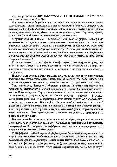 Положительные формы — это выступы, выпуклости по отношению к окружающим более пониженным поверхностям: выступы материков по отношению к океаническим впадинам, горы и холмы среди равнин, гривы поймы, береговые валы, дюны, конечноморенные гряды, барханы, бугры, кочки, гряды на болотах по отношению к мочажинам.