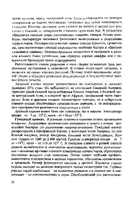 Аридный климат широко распространен на континентах и занимает примерно 25% суши. Он наблюдается на юго-западе Северной Америки, проходит узкой полосой вдоль побережья Южной Америки, в большей части центральной Азии, в северной трети Африки, центральной части Австралии. Если в аридном климате господствуют пустыни, то в субаридном климате осадки обеспечивают произрастание деревьев, а на водораздельных пространствах развиваются полупустыни и степи.