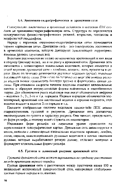 Плановое изображение системы водотоков какого-либо ПТК можно охарактеризовать густотой и рисунком. Дренажная сеть достаточно индивидуальна по густоте и характеру рисунка. Она зависит, прежде всего, от форм рельефа, а поэтому может служить их индикатором.