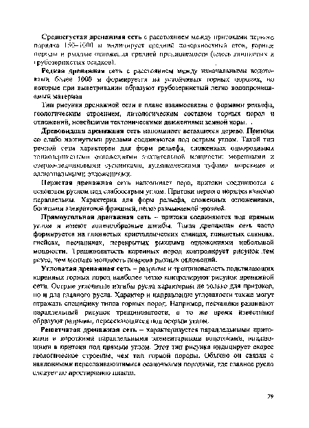 Прямоугольная дренажная сеть - притоки соединяются под прямым углом и имеют коленообразные изгибы. Такая дренажная сеть часто формируется на глинистых кристаллических сланцах, глинистых сланцах, гнейсах, песчаниках, перекрытых рыхлыми отложениями небольшой мощности. Трещиноватость коренных пород контролирует рисунок тем резче, чем меньше мощность покрова рыхлых отложений.