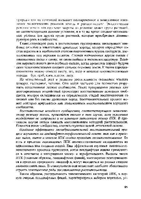 Восстановление исходного сообщества, соответствующего экологическому режиму земель, произойдет только в том случае, если экзогенное воздействие не затронуло и не изменило литогенную основу ПТК. В противном случае нельзя ожидать восстановления исходной растительности. Появится новое сообщество, соответствующее новой литогенной основе.