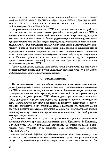 Фитоиндикаторы - это растения, популяции и растительные группировки (фитоценозы), тесно взаимосвязанные с компонентами и элементами ПТК и экологическими режимами земель. Фитоиндикаторы позволяют определить геологическое строение, литологический состав горных пород и отложений, водный режим ПТК. Фитоиндикаторы помогают выявлять ПТК, определять и картографировать их природные рубежи. Фитоиндикаторы используются для изучения истории развития ландшафта и растительных сообществ, с их помощью можно восстановить происхождение растительности и характер ее дальнейшего развития. Индикаторами лесных ландшафтов могут быть виды древесных и недревесных растений различных ярусов фитоценозов.