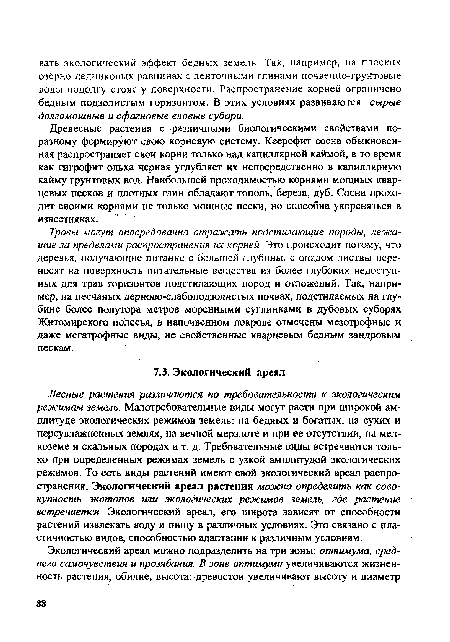 Лесные растения различаются по требовательности к экологическим режимам земель. Малотребовательные виды могут расти при широкой амплитуде экологических режимов земель: на бедных и богатых, на сухих и переувлажненных землях, на вечной мерзлоте и при ее отсутствии, на мелкоземе и скальных породах и т. д. Требовательные виды встречаются только при определенных режимах земель с узкой амплитудой экологических режимов. То есть виды растений имеют свой экологический ареал распространения. Экологический ареал растения можно определить как совокупность жотопов или экологических режимов земель, где растение встречается. Экологический ареал, его широта зависят от способности растений извлекать воду и пищу в различных условиях. Это связано с пластичностью видов, способностью адаптации к различным условиям.