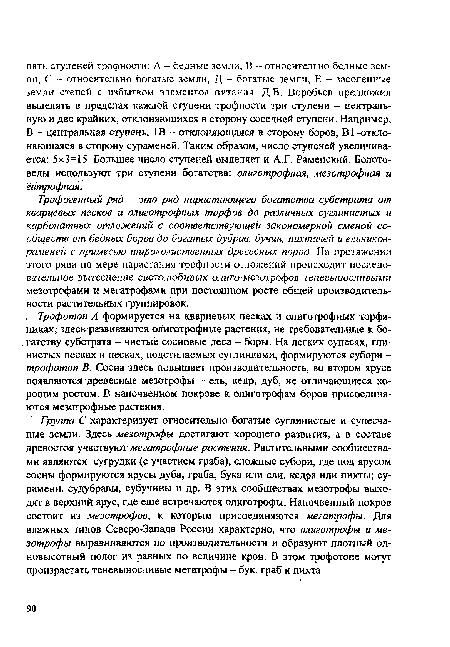 Трофогенный ряд - это ряд нарастающего богатства субстрата от кварцевых песков и апиготрофных торфов до различных суглинистых и карбонатных отложений с соответствующей закономерной сменой сообществ от бедных боров до богатых дубрав, бучин, пихтачей и ельников-раменей с примесью ишроколиственных древесных порой. На протяжении этого ряда по мере нарастания трофности отложений происходит последовательное вытеснение светолюбивых олиго-мезотрофов теневыносливыми мезотрофами и мегатрофами при постоянном росте общей производительности растительных группировок.