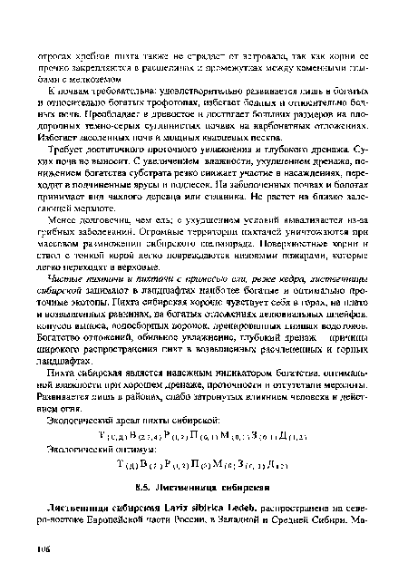 Чистые пихтачи и пихтачи с примесью ели, реже кедра, лиственницы сибирской занимают в ландшафтах наиболее богатые и оптимально проточные экотопы. Пихта сибирская хорошо чувствует себя в горах, на плато и возвышенных равнинах, на богатых отложениях делювиальных шлейфов, конусов выноса, водосборных воронок, дренированных днищах водотоков. Богатство отложений, обильное увлажнение, глубокий дренаж - причины широкого распространения пихт в возвышенных расчлененных и горных ландшафтах.