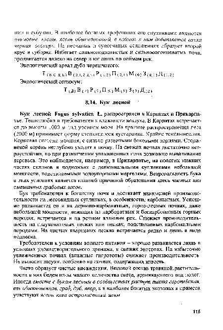 Бук лесной Ради« яукайса Ь. распространен в Карпатах н Прикарпатье. Теплолюбив и требователен к влажности воздуха. В Карпатах встречается до высоты 1000 м над уровнем моря. На границе распространения леса (2000 м) принимает форму стелющегося кустарника. Крайне теневынослив. Корневая система мощная, с сильно развитыми боковыми корнями. Стержневой корень неглубоко уходит в почву. На свежих почвах достаточно ветроустойчив, но при размягчении увлажненных почв возможно вываливание деревьев. Это наблюдается, например, в Прикарпатье, на пологих нижних частях склонов и подножьях с делювиальными суглинками небольшой мощности, подстилаемыми водоупорными мергелями. Ветровальность бука в этих условиях является главной причиной образования здесь чистых или смешанных грабовых лесов.