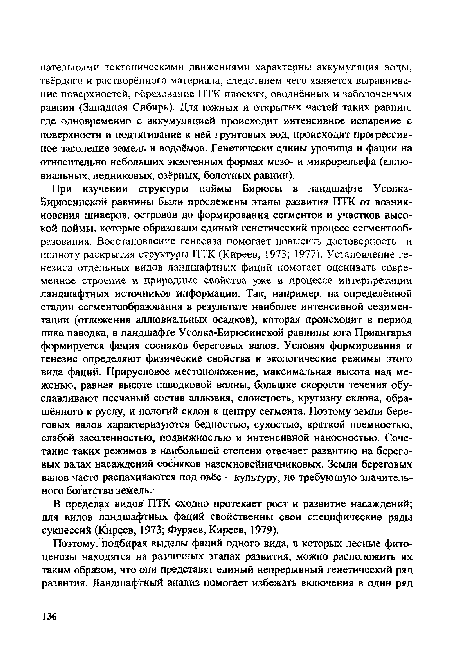 В пределах видов ПТК сходно протекает рост и развитие насаждений; для видов ландшафтных фаций свойственны свои специфические ряды сукцессий (Киреев, 1973; Фуряев, Киреев, 1979).