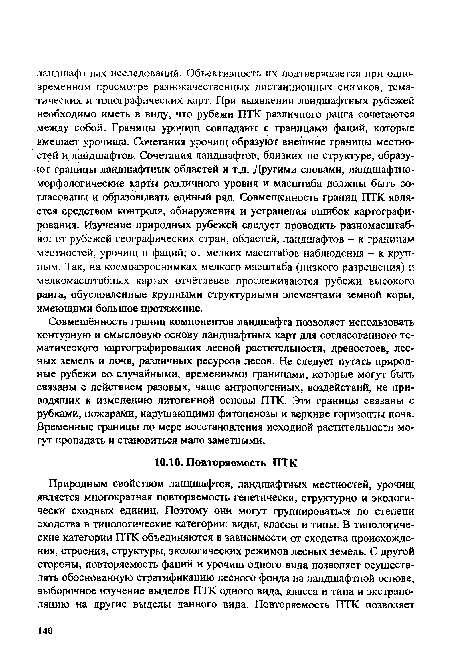 Совмещённость границ компонентов ландшафта позволяет использовать контурную и смысловую основу ландшафтных карт для согласованного тематического картографирования лесной растительности, древостоев, лесных земель и почв, различных ресурсов лесов. Не следует путать природные рубежи со случайными, временными границами, которые могут быть связаны с действием разовых, чаще антропогенных, воздействий, не приводящих к изменению литогенной основы ПТК. Эти границы связаны с рубками, пожарами, нарушающими фитоценозы и верхние горизонты почв. Временные границы по мере восстановления исходной растительности могут пропадать и становиться мало заметными.