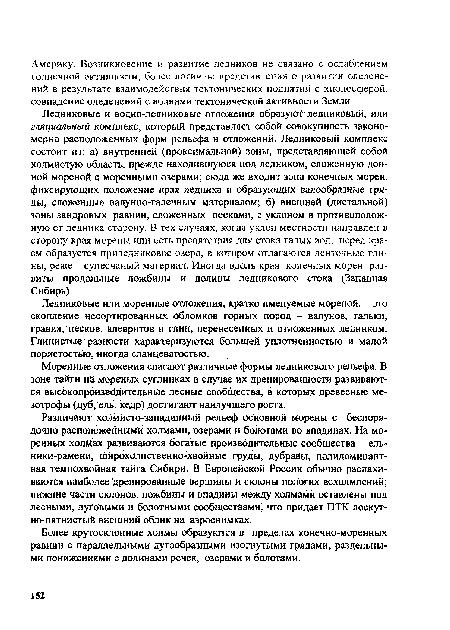 Различают холмисто-западинный рельеф основной морены с беспорядочно расположёнными холмами, озерами и болотами во впадинах. На моренных холмах развиваются богатые производительные сообщества - ельники-рамени, широколиственно-хвойные груДы, дубравы, полидоминант-ная темнохвойная тайга Сибири. В Европейской России обычно распахиваются наиболее дренированные вершины и склоны пологих всхолмлений; нижние части склонов, ложбины и впадины между холмами оставлены под лесными, луговыми и болотными сообществами, что придает ПТК лоскутно-пятнистый внешний облик на аэроснимках.