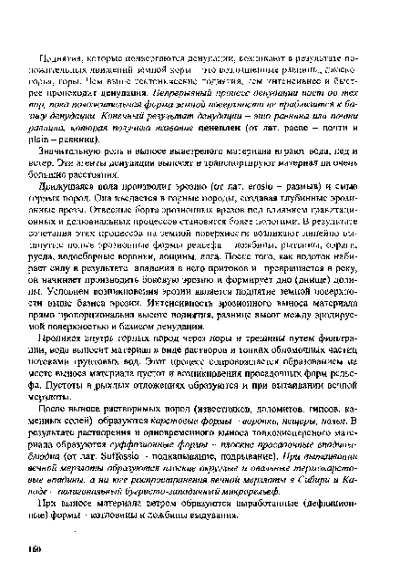 После выноса растворимых пород (известняков, доломитов, гипсов, каменных солей) образуются карстовые формы - воронки, пещеры, полья. В результате растворения и одновременного выноса тонкодисперсного материала образуются суффозионные формы - плоские просадочные впадины-блюдца (от лат. Suffossio - подкапывание, подрывание). При вытаивании вечной мерзлоты образуются плоские округлые и овальные термокарстовые впадины, а на юге распространения вечной мерзлоты в Сибири и Канаде - полигональный бугристо-западинный микрорельеф.