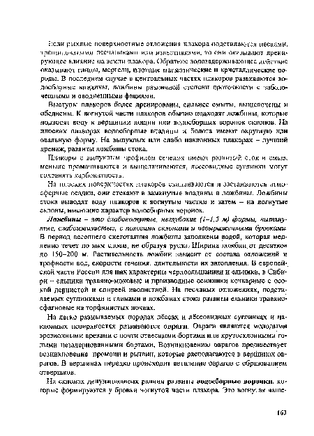 На плоских поверхностях плакоров скапливаются и застаиваются атмосферные осадки, они стекают в замкнутые впадины и ложбины. Ложбины стока выводят воду плакоров к вогнутым частям и затем - на вогнутые склоны, имеющие характер водосборных воронок.