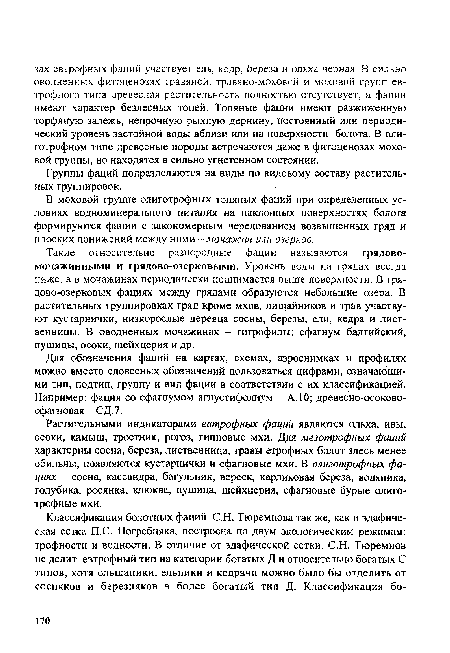 Растительными индикаторами евтрофных фаций являются ольха, ивы, осоки, камыш, тростник, рогоз, гипновые мхи. Для мезотрофных фаций характерны сосна, береза, лиственница, травы етрофных болот здесь менее обильны, появляются кустарнички и сфагновые мхи. В олиготрофных фациях - сосна, Кассандра, багульник, вереск, карликовая береза, водяника, голубика, росянка, клюква, пушица, шейхцерия, сфагновые бурые олиго-трофные мхи.