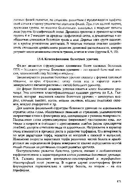 Закономерности развития болотных урочищ связаны с формой болотной впадины, которая определяет сетку стока вод и характер водноминерального питания различных частей болотного урочища.