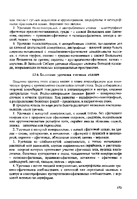 Впадины урочищ этого класса имеют в плане веерообразную или коническую форму с криволинейно-сходящейся сеткой стока. Вода собирается с широкой водосборной поверхности и концентрируется в центре, создавая центральные топи. Водно-минеральное питание фаций - поверхностносточное и отчасти грунтовое. Ход развития - периферийно-олиготрофный, а распределение болотных фаций - продольное, в направлении стока.