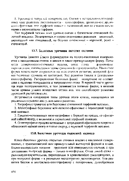 Встречаются следующие типы урочищ этого класса, находящиеся на различных ступенях поступательного развития.