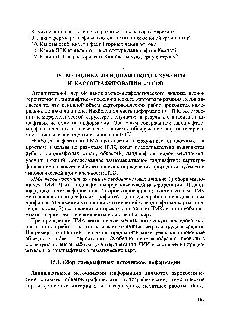 ЛМА лесов состоит из семи последовательных этапов: 1) сбора имеющихся ЛИИ, 2) их ландшафтно-морфологической интерпретации, 3) ландшафтного картографирования, 4) проектирования по составленным ЛМК мест закладки ландшафтных профилей, 5) полевых работ на ландшафтных профилях, 6) внесения уточнений и изменений в ландшафтные карты и легенды к ним, 7) составления авторских оригиналов ЛМК, а при необходимости - серии тематических лесохозяйственных карт.