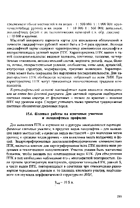 Масштаб авторского варианта карты для вписывания обозначений и точности ландшафтных рубежей может быть в 2-4 раза крупнее. Легенда ландшафтной карты содержит характеристику компонентов ландшафта и лесорастительных условий видов ПТК. Характеристика ПТК дается в такой последовательности: видовое название, тектоника, геология, четвертичные отложения, литологический состав, мерзлота, рельеф, воды, болота, почвы, лесорастительные условия, сообщества, типы леса, древостой, внутренняя структура, модификации, признаки выявления. Характеристика может быть сокращена без нарушения последовательности. Для характеристики ПТК обобщается материал, собранный по всем ЛИИ. При характеристике ПТК могут применяться количественные градации компонентов.