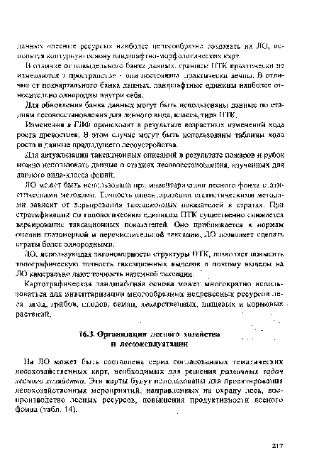 На ЛО может быть составлена серия согласованных тематических лесохозяйственных карт, необходимых для решения различных задач лесного хозяйства. Эти карты будут использованы для проектирования лесохозяйственных мероприятий, направленных на охрану леса, воспроизводство лесных ресурсов, повышения продуктивности лесного фонда (табл. 14).