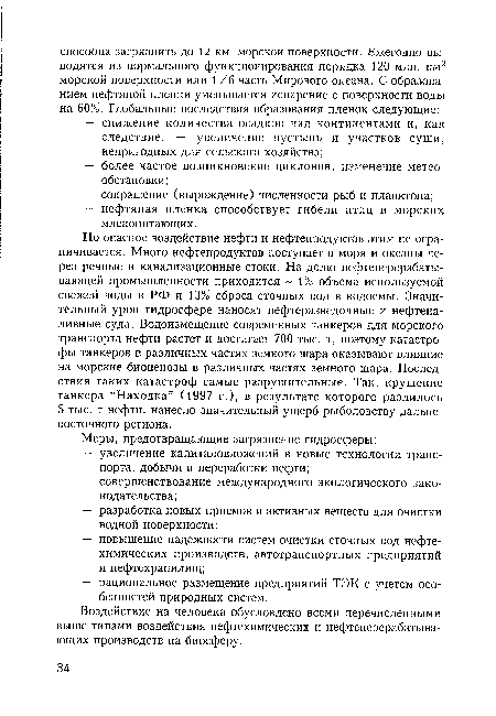 Воздействие на человека обусловлено всеми перечисленными выше типами воздействия нефтехимических и нефтеперерабатывающих производств на биосферу.