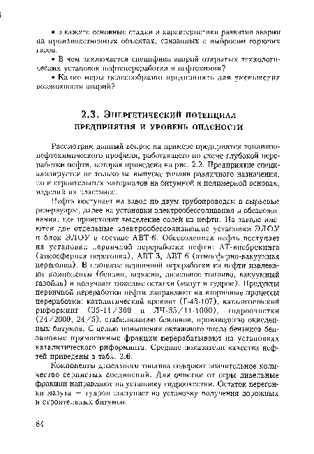 Компоненты дизельного топлива содержат значительное количество сернистых соединений. Для очистки от серы дизельные фракции направляют на установку гидроочистки. Остаток перегонки мазута — гудрон поступает на установку получения дорожных и строительных битумов.