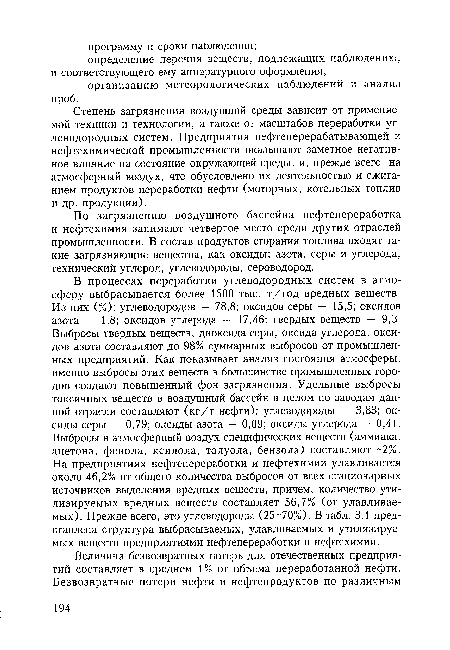 Степень загрязнения воздушной среды зависит от применяемой техники и технологии, а также от масштабов переработки углеводородных систем. Предприятия нефтеперерабатывающей и нефтехимической промышленности оказывают заметное негативное влияние на состояние окружающей среды, и, прежде всего, на атмосферный воздух, что обусловлено их деятельностью и сжиганием продуктов переработки нефти (моторных, котельных топлив и др. продукции).