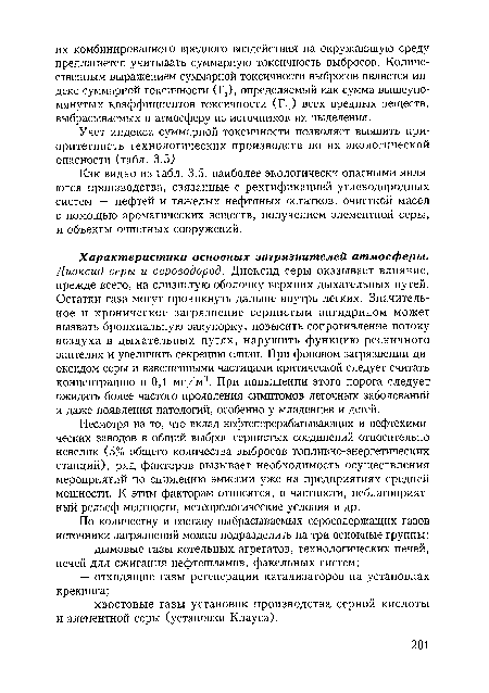 Как видно из табл. 3.5, наиболее экологически опасными являются производства, связанные с ректификацией углеводородных систем — нефтей и тяжелых нефтяных остатков, очисткой масел с помощью ароматических веществ, получением элементной серы, и объекты очистных сооружений.