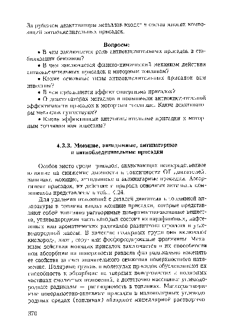 Особое место среди присадок, оказывающих непосредственное влияние на снижение дымности и токсичности ОГ двигателей, занимают моющие, антидымные и антинагарные присадки. Ассортимент присадок, их действие и природа основных активных компонентов представлены в табл. 4.24.