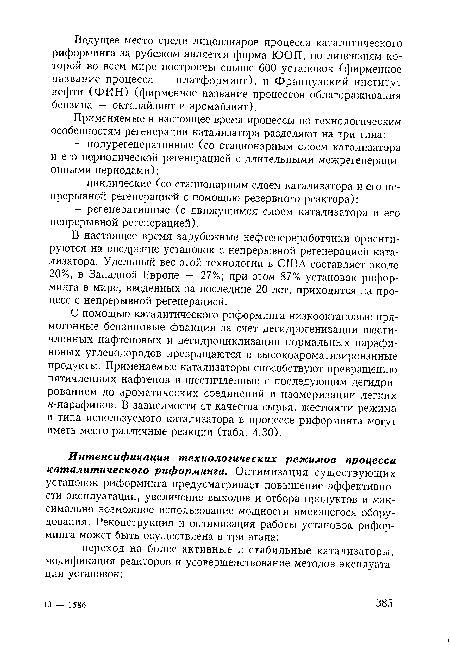 С помощью каталитического риформинга низкооктановые прямогонные бензиновые фракции за счет дегидрогенизации шестичленных нафтеновых и дегидроциклизации нормальных парафиновых углеводородов превращаются в высокоароматизированные продукты. Применяемые катализаторы способствуют превращению пятичленных нафтенов в шестичленные с последующим дегидрированием до ароматических соединений и изомеризации легких н-парафинов. В зависимости от качества сырья, жесткости режима и типа используемого катализатора в процессе риформинга могут иметь место различные реакции (табл. 4.30).