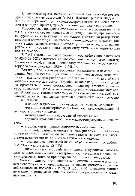 Вполне понятно, что авиационные бензины, которые в основном используются в поршневых авиационных двигателях для малой авиации не подходят к ВРД. В табл. 4.40 приведены данные по пределам температур кипения топлив для различных летательных аппаратов.