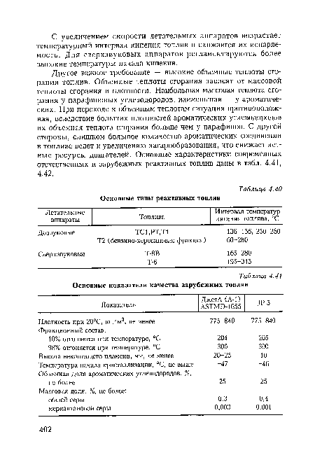 Другое важное требование — высокие объемные теплоты сгорания топлив. Объемные теплоты сгорания зависят от массовой теплоты сгорания и плотности. Наибольшая массовая теплота сгорания у парафиновых углеводородов, наименьшая — у ароматических. При переходе к объемным теплотам ситуация противоположная, вследствие больших плотностей ароматических углеводородов их объемная теплота сгорания больше чем у парафинов. С другой стороны, слишком большое количество ароматических соединений в топливе ведет к увеличению нагарообразования, что снижает летные ресурсы двигателей. Основные характеристики современных отечественных и зарубежных реактивных топлив даны в табл. 4.41, 4.42.