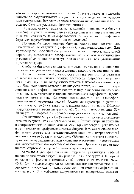 В зависимости от вида сырья и способа производства битумы классифицируют на природные (находящиеся в природе в чистом виде или извлекаемые из асфальтовых горных пород) и нефтяные (продукт переработки нефти или ее остатков).