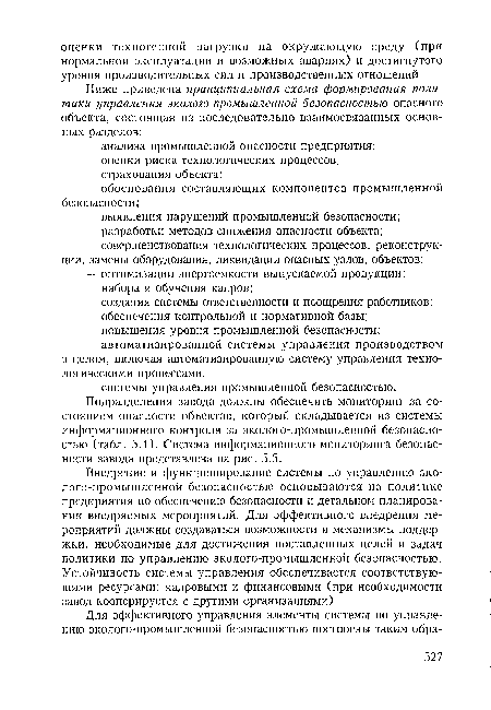 Подразделения завода должны обеспечить мониторинг за состоянием опасности объектов, который складывается из системы информационного контроля за эколого-промышленной безопасностью (табл. 5.1). Система информационного мониторинга безопасности завода представлена на рис. 5.5.