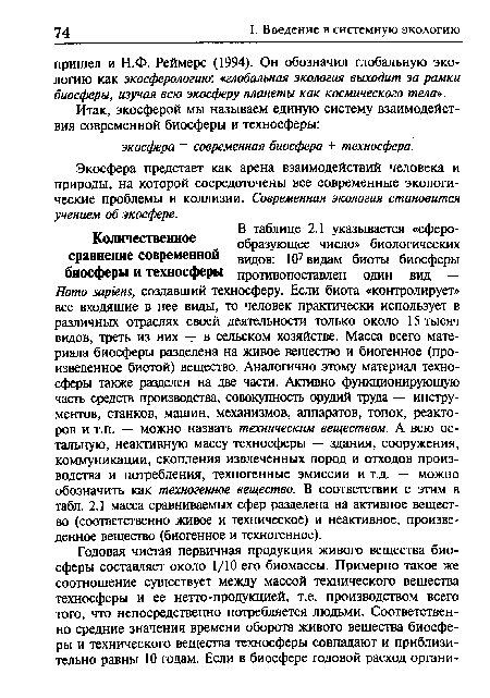 В таблице 2.1 указывается «сферо-Количественное образующее число» биологических сравнение современной видов: 107 видам биоты биосферы биосферы и техносферы противопоставлен один вид — Homo sapiens, создавший техносферу. Если биота «контролирует» все входящие в нее виды, то человек практически использует в различных отраслях своей деятельности только около 15 тысяч видов, треть из них — в сельском хозяйстве. Масса всего материала биосферы разделена на живое вещество и биогенное (произведенное биотой) вещество. Аналогично этому материал техносферы также разделен на две части. Активно функционирующую часть средств производства, совокупность орудий труда — инструментов, станков, машин, механизмов, аппаратов, топок, реакторов и т.п. — можно назвать техническим веществом. А всю остальную, неактивную массу техносферы — здания, сооружения, коммуникации, скопления извлеченных пород и отходов производства и потребления, техногенные эмиссии и т.д. — можно обозначить как техногенное вещество. В соответствии с этим в табл. 2.1 масса сравниваемых сфер разделена на активное вещество (соответственно живое и техническое) и неактивное, произведенное вещество (биогенное и техногенное).