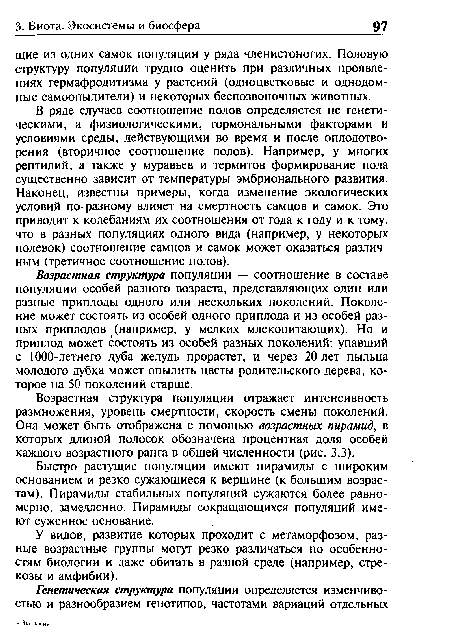 Возрастная структура популяции отражает интенсивность размножения, уровень смертности, скорость смены поколений. Она может быть отображена с помощью возрастных пирамид, в которых длиной полосок обозначена процентная доля особей каждого возрастного ранга в общей численности (рис. 3.3).