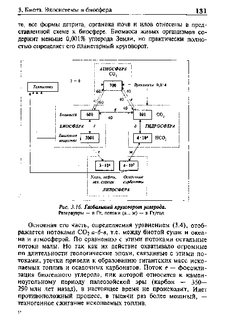 Основная его часть, определяемая уравнением (3.4), отображается потоками СО2 а-б-в, т.е. между биотой суши и океана и атмосферой. По сравнению с этими потоками остальные потоки малы. Но так как их действие охватывало огромные по длительности геологические эпохи, связанные с этими потоками, утечки привели к образованию гигантских масс ископаемых топлив и осадочных карбонатов. Поток е — фоссили-зация биогенного углерода, пик которой относится к каменноугольному периоду палеозойской эры (карбон — 350— 290 млн лет назад), в настоящее время не происходит. Идет противоположный процесс, в тысячи раз более мощный, — техногенное сжигание ископаемых топлив.