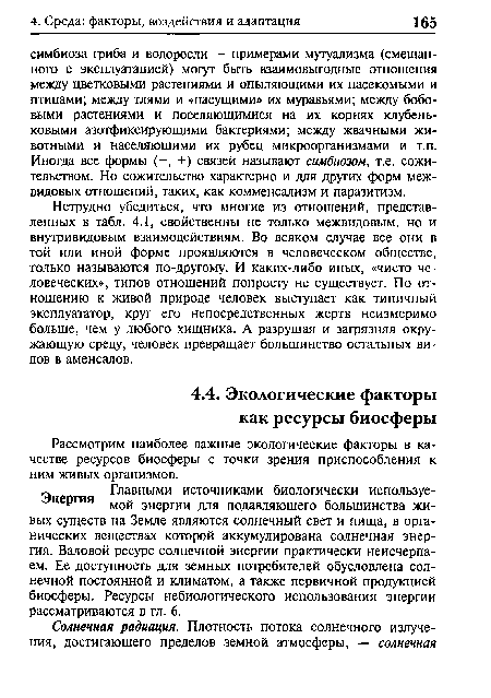 Нетрудно убедиться, что многие из отношений, представленных в табл. 4.1, свойственны не только межвидовым, но и внутривидовым взаимодействиям. Во всяком случае все они в той или иной форме проявляются в человеческом обществе, только называются по-другому. И каких-либо иных, «чисто человеческих», типов отношений попросту не существует. По отношению к живой природе человек выступает как типичный эксплуататор; круг его непосредственных жертв неизмеримо больше, чем у любого хищника. А разрушая и загрязняя окружающую среду, человек превращает большинство остальных видов в аменсалов.