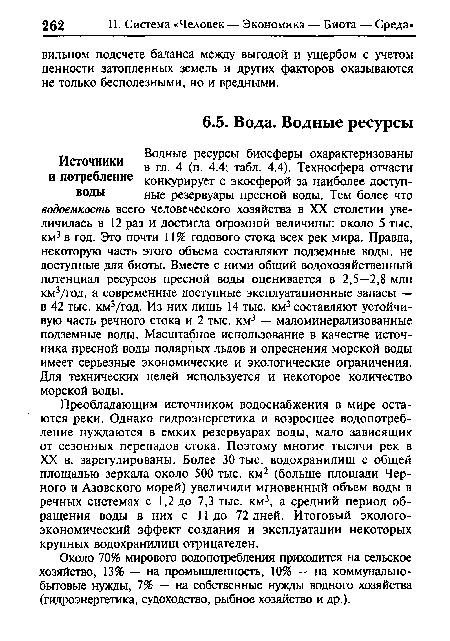 Около 70% мирового водопотребления приходится на сельское хозяйство, 13% — на промышленность, 10% — на коммунальнобытовые нужды, 7% — на собственные нужды водного хозяйства (гидроэнергетика, судоходство, рыбное хозяйство и др.).