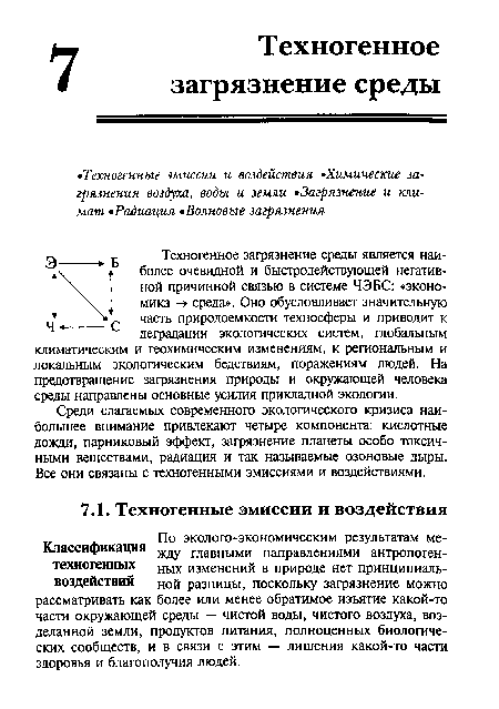 Техногенное загрязнение среды является наиболее очевидной и быстродействующей негативной причинной связью в системе ЧЭБС: «экономика -» среда». Оно обусловливает значительную часть природоемкости техносферы и приводит к деградации экологических систем, глобальным климатическим и геохимическим изменениям, к региональным и локальным экологическим бедствиям, поражениям людей. На предотвращение загрязнения природы и окружающей человека среды направлены основные усилия прикладной экологии.