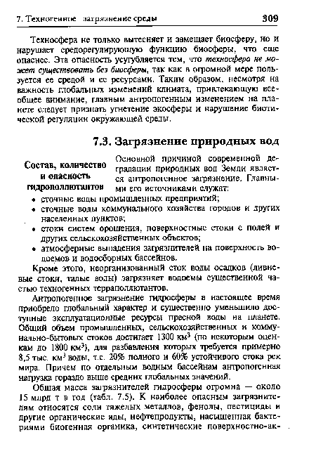 Кроме этого, неорганизованный сток воды осадков (ливневые стоки, талые воды) загрязняет водоемы существенной частью техногенных терраполлютантов.