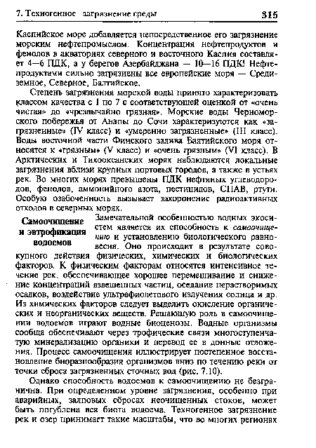 Степень загрязнения морской воды принято характеризовать классом качества с 1 по 7 с соответствующей оценкой от «очень чистая» до «чрезвычайно грязная». Морские воды Черноморского побережья от Анапы до Сочи характеризуются как «загрязненные» (IV класс) и «умеренно загрязненные» (III класс). Воды восточной части Финского залива Балтийского моря относятся к «грязным» (V класс) и «очень грязным» (VI класс). В Арктических и Тихоокеанских морях наблюдаются локальные загрязнения вблизи крупных портовых городов, а также в устьях рек. Во многих морях превышены ПДК нефтяных углеводородов, фенолов, аммонийного азота, пестицидов, СПАВ, ртути. Особую озабоченность вызывает захоронение радиоактивных отходов в северных морях.