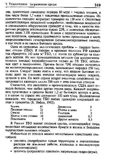 Одна из серьезных экологических проблем — твердые бытовые отходы (ТБО). В городах и крупных поселках РФ каждый год образуется 140 млн м3 ТБО, т.е. почти по кубометру на каждого жителя. Из них промышленным методом (на мусоросжигательных заводах) перерабатывается только до 5% ТБО, остальное идет в захоронения. Причем более 70% отходов вывозится на несанкционированные свалки, занимающие порядка 250 тыс. га земли. Следует также иметь в виду, что жидкие бытовые отходы дают на станциях очистки значительную массу осадков, шламов и ила. По всей стране вокруг очистных сооружений накапливается ежегодно около 200 млн т этих опасных отходов.