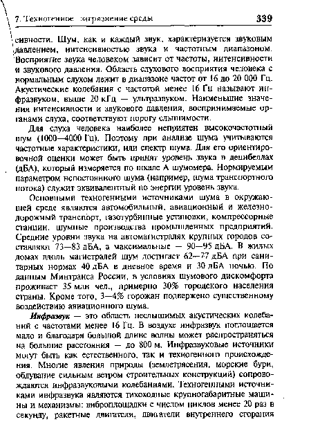 Для слуха человека наиболее неприятен высокочастотный шум (1000—4000 Гц). Поэтому при анализе шума учитываются частотные характеристики, или спектр шума. Для его ориентировочной оценки может быть принят уровень звука в децибеллах (дБА), который измеряется по шкале А шумомера. Нормируемым параметром непостоянного шума (например, шума транспортного потока) служит эквивалентный по энергии уровень звука.