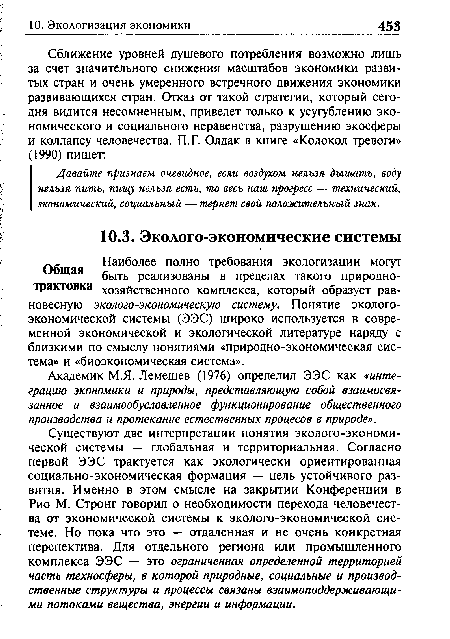 Академик М.Я. Лемешев (1976) определил ЭЭС как «интеграцию экономики и природы, представляющую собой взаимосвязанное и взаимообусловленное функционирование общественного производства и протекание естественных процесов в природе».