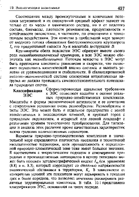 Соотношение между промежуточными и конечными потоками загрязнений и их совокупный вредный эффект зависят не только от их массы и химического состава, но и от видового состава, биомассы, плотности реципиентов, продуктивности и устойчивости экосистемы, в частности, по отношению к техногенным воздействиям. Эти качества в наибольшей мере зависят от входного потока обновления биогеохимического круговорота //, его продуктивной емкости и масштаба деструкции /).