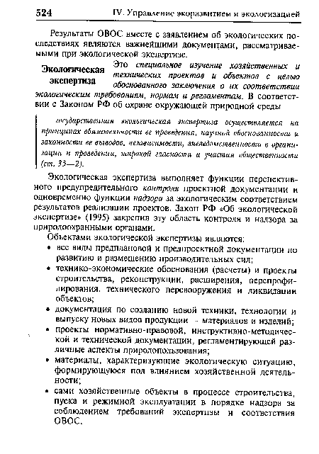 Экологическая экспертиза выполняет функции перспективного предупредительного контроля проектной документации и одновременно функции надзора за экологическим соответствием результатов реализации проектов. Закон РФ «Об экологической экспертизе» (1995) закрепил эту область контроля и надзора за природоохранными органами.