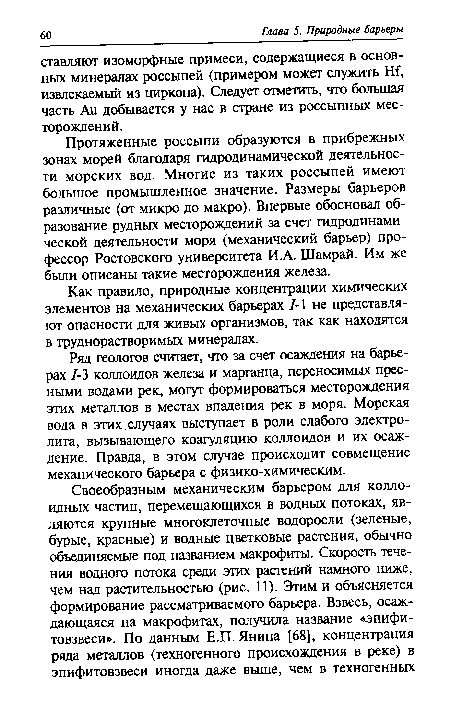 Протяженные россыпи образуются в прибрежных зонах морей благодаря гидродинамической деятельности морских вод. Многие из таких россыпей имеют большое промышленное значение. Размеры барьеров различные (от микро до макро). Впервые обосновал образование рудных месторождений за счет гидродинамической деятельности моря (механический барьер) профессор Ростовского университета И.А. Шамрай. Им же были описаны такие месторождения железа.