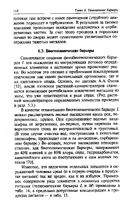 Известно, что недостаток отдельных элементов в окружающей человека среде (и в первую очередь в продуктах питания) так же вреден, как и их избыток. Примерное содержание ряда элементов в основных продуктах питания (геохимические барьеры L и М) приведены в табл. 14, а предельно допустимые концентрации в продуктах питания — в табл. 15.