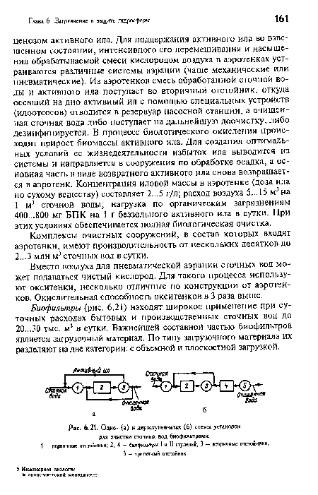 Одно- (а) и двухступенчатая (6) схемы установок для очистки сточных вод биофильтрами