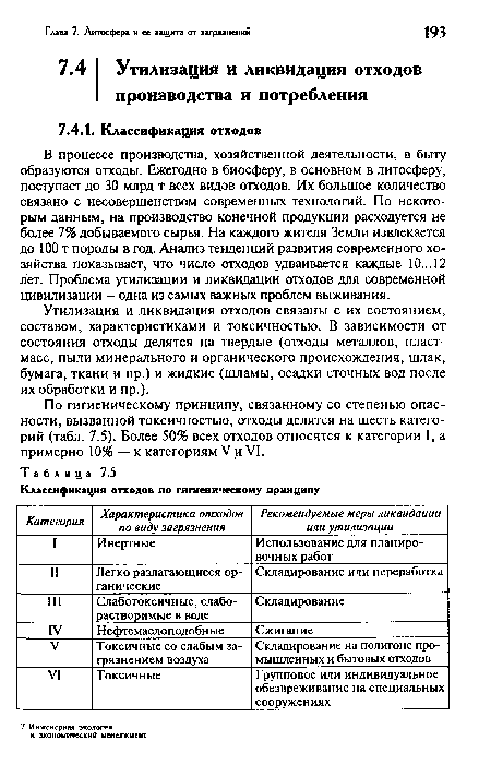 Утилизация и ликвидация отходов связаны с их состоянием, составом, характеристиками и токсичностью. В зависимости от состояния отходы делятся на твердые (отходы металлов, пластмасс, пыли минерального и органического происхождения, шлак, бумага, ткани и пр.) и жидкие (шламы, осадки сточных вод после их обработки и пр.).